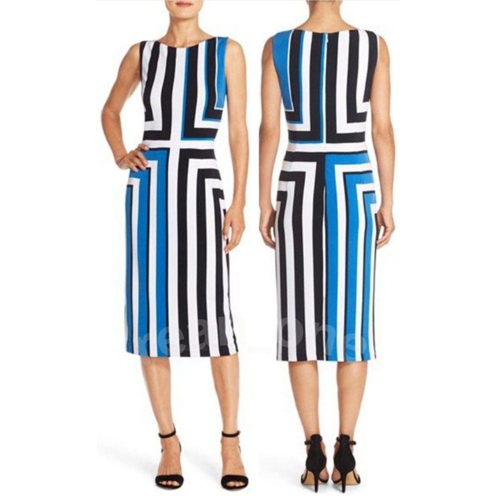 Maggy London Womens Stripe Printed Sleeveless Sheath Jersey Midi Dress Sz 10 NWT - Picture 1 of 14